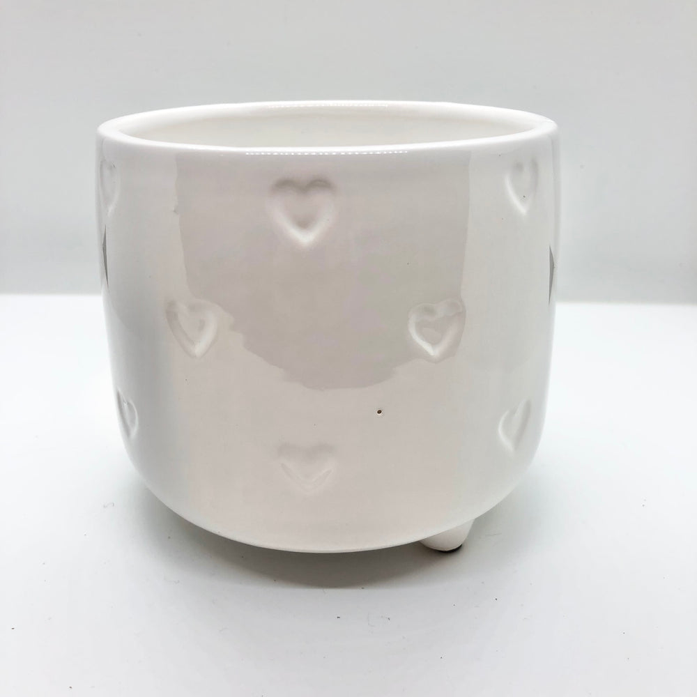 Footed White Dolomite Pot with Embossed  Hearts